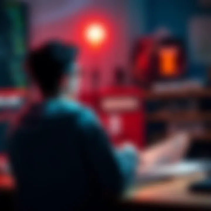 A person sitting at a desk looking frustrated while checking their internet connection settings on a laptop