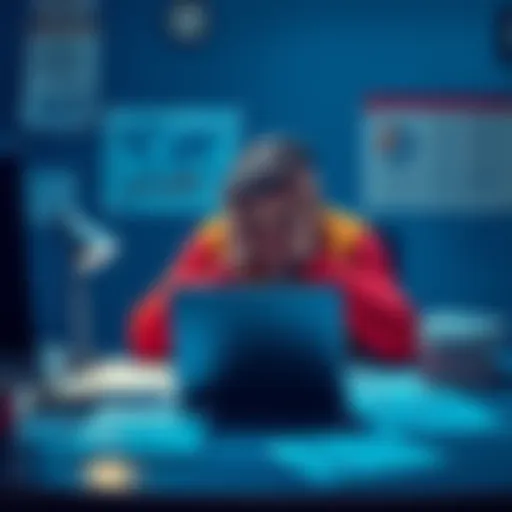 A person sitting at a desk, looking frustrated while using a laptop to process RVN transactions, with troubleshooting guides and charts around them.