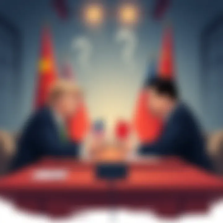 Trump and Xi Meeting Concept An illustration showing President Trump and President Xi Jinping at a negotiating table, with flags of the United States and China in the background and a concerned atmosphere.