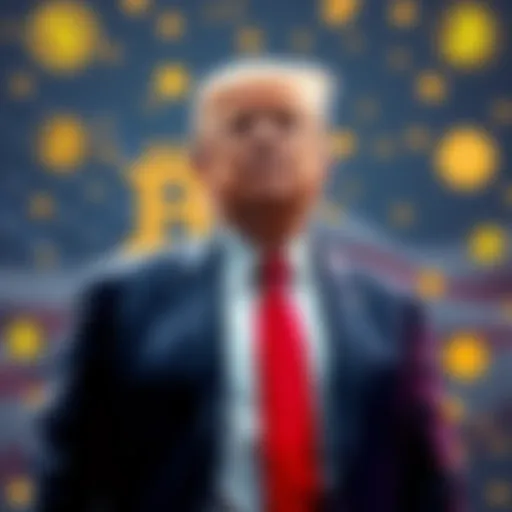 President Trump standing confidently with cryptocurrency symbols in the background, showcasing American leadership in digital currency.