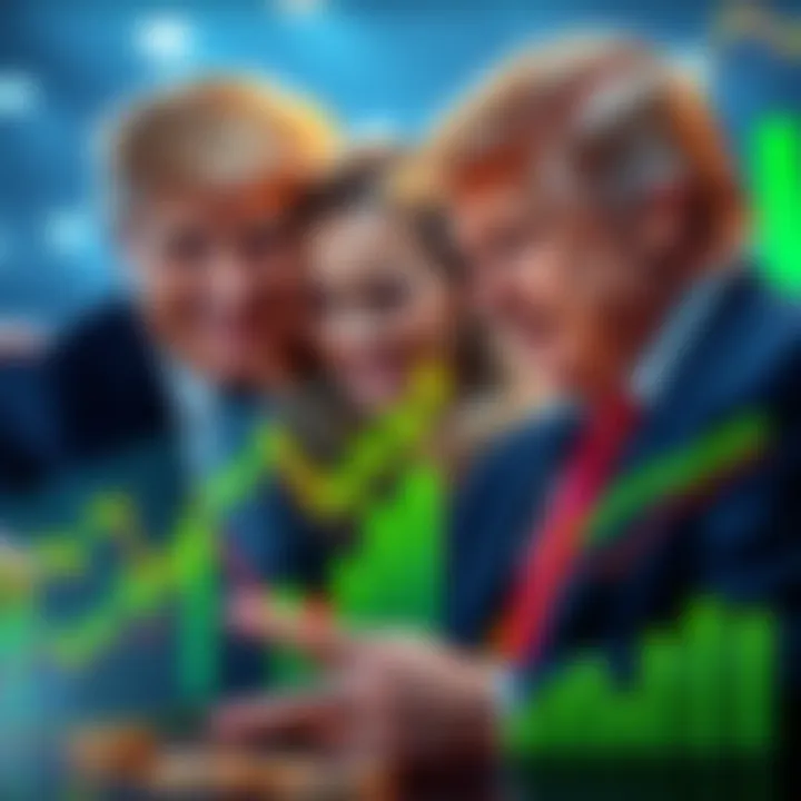 Trump Family Cryptocurrency Success The Trump family smiling while looking at cryptocurrency charts showing significant gains.