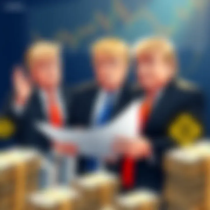 Trump Family Investments Illustration of the Trump family analyzing financial charts related to Binance investments with stacks of money and Treasury Bonds in the background.