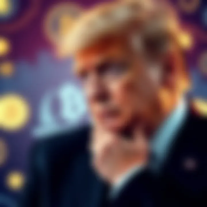 President Trump contemplating the future of Federal Reserve Chair Jerome Powell, with a backdrop of cryptocurrency icons.