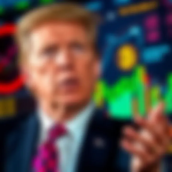 Donald Trump Jr. speaking about cryptocurrency in front of a backdrop of financial charts and symbols