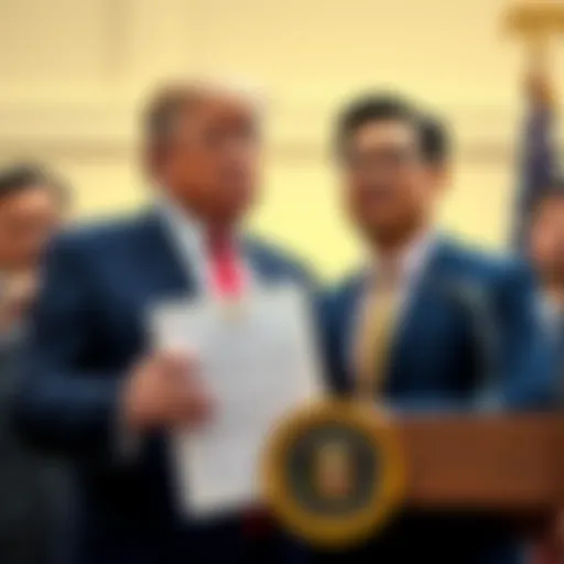 Former President Trump standing with Binance Founder CZ at a press conference, holding a pardon document