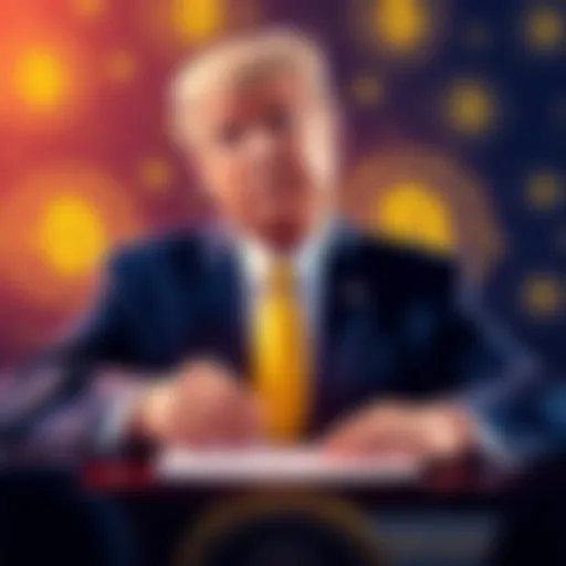 President Trump signing a pardon for Changpeng Zhao, with a backdrop of cryptocurrency symbols