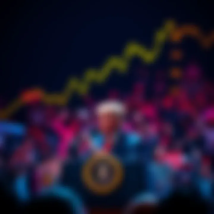 Trump Speaking at a Rally President Donald Trump speaking at a podium with the crowd cheering, with a digital depiction of fluctuating cryptocurrency prices in the background.