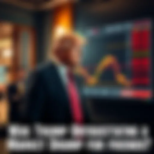 Trump standing next to a stock market chart showing a downward trend, with concerned people in the background watching the display.