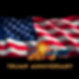 A graphic showing a U.S. flag with trade symbols like cargo ships and dollar signs, marking the anniversary of Trump's trade policies.