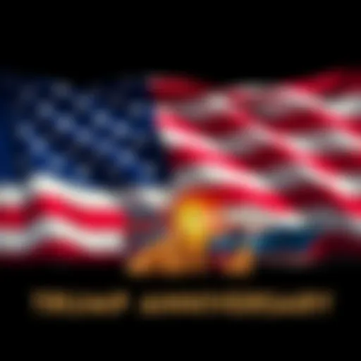 A graphic showing a U.S. flag with trade symbols like cargo ships and dollar signs, marking the anniversary of Trump's trade policies.