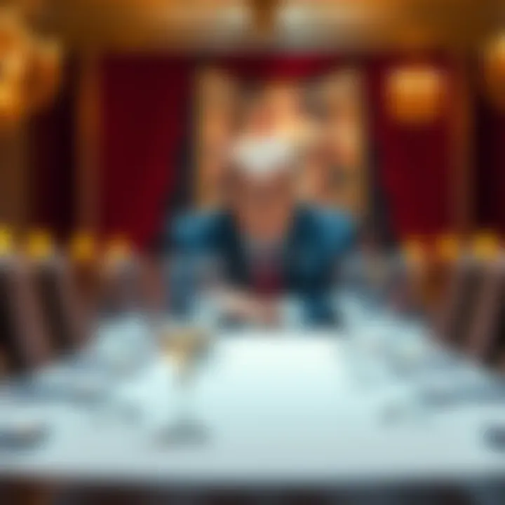 Donald Trump looking concerned at a formal dinner table surrounded by empty chairs, hinting at financial losses.