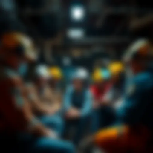 A diverse group of miners discussing security and building connections in a casual setting.