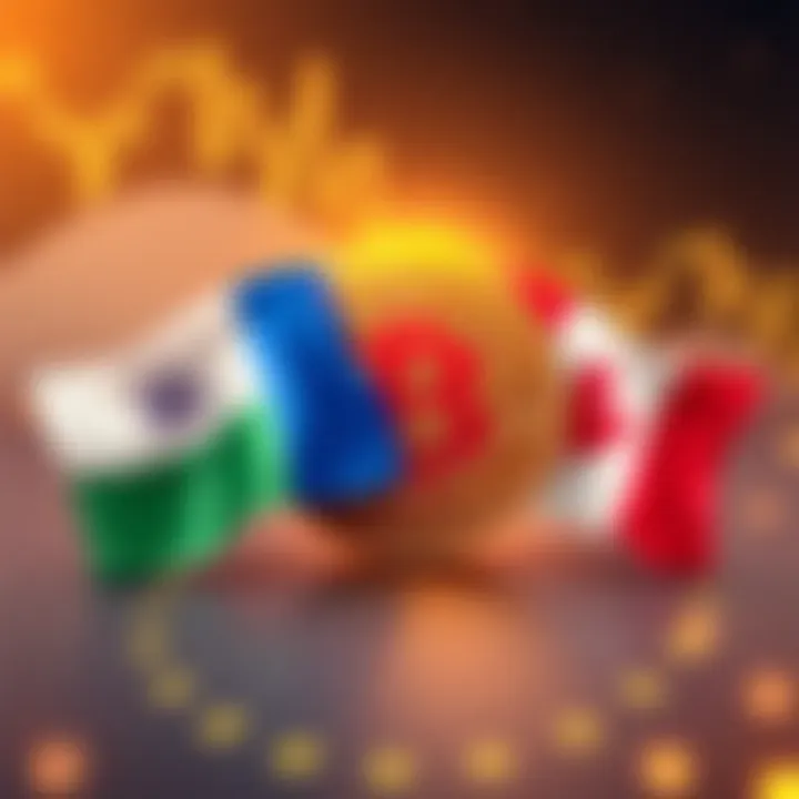 Two Flags Over Bitcoin Symbol Flags of two countries above the Bitcoin symbol, representing their control over the network