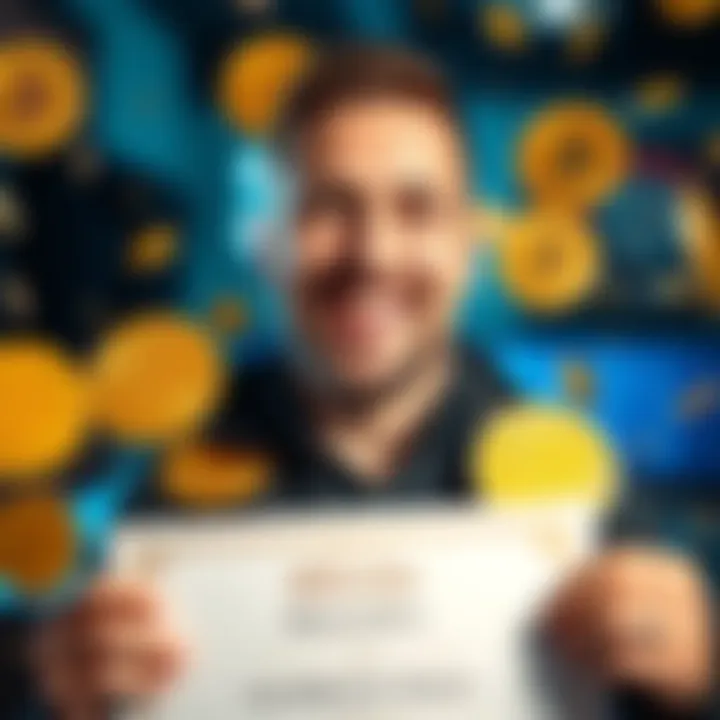 UK Bitcoiner Achieves Millionaire Status A 36-year-old man celebrating his financial success with Bitcoin symbols around him, smiling and holding a certificate of achievement.