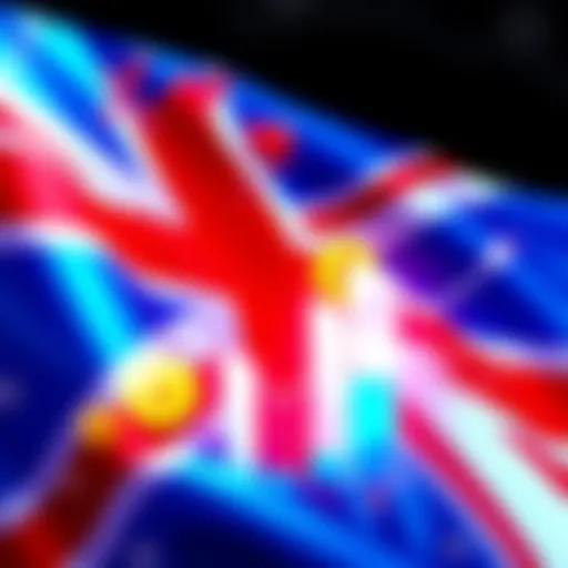 An illustration of the UK flag with cryptocurrency symbols and a financial graph showing growth, representing the country's crypto regulations and investment potential.
