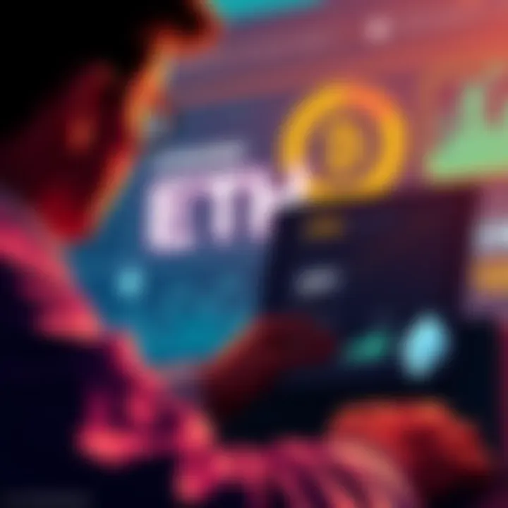 A graphic showing a person calculating returns and payouts from staking ETH, with symbols for wallets and APY rates in the background.
