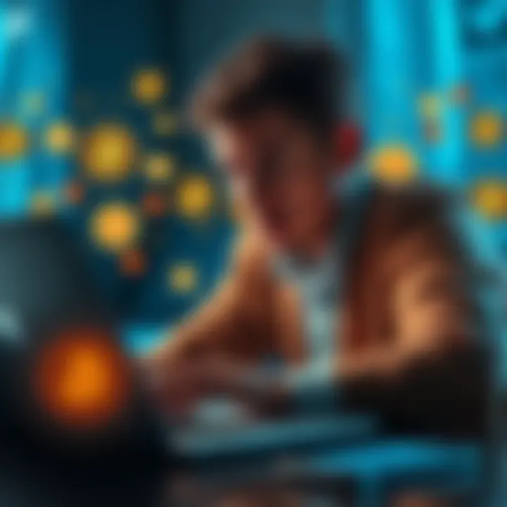 A person looking frustrated while trying to regain access to their cryptocurrency wallet on a laptop, surrounded by digital currency icons