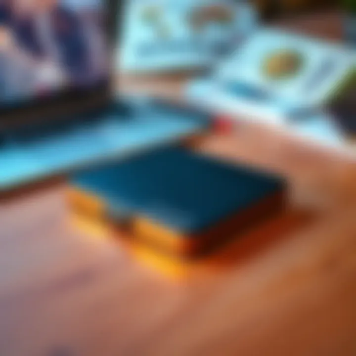 Unopened Ledger on a Desk A new, unopened Ledger cryptocurrency wallet lying flat on a wooden desk, with a laptop and cryptocurrency guides in the background.