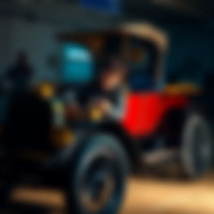 A person working on a vintage Model T car, adding technology upgrades and connecting it to the internet.