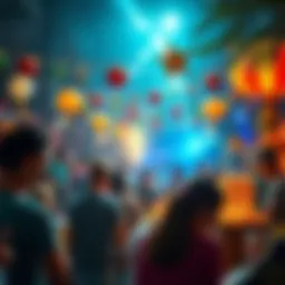 A lively community gathering with people engaging in creative activities during UP-tober, surrounded by colorful decorations and festive vibes.