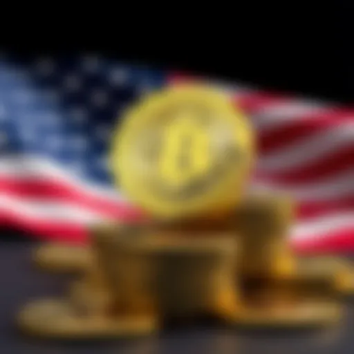 A graphic showing Bitcoin coins stacked with the U.S. flag in the background, symbolizing the government's significant Bitcoin assets.