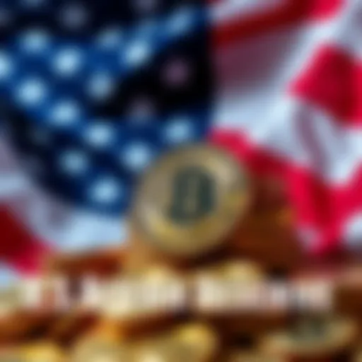 A depiction of Bitcoin coins piled with a U.S. flag in the background, symbolizing the U.S. government potentially holding a large amount of Bitcoin.