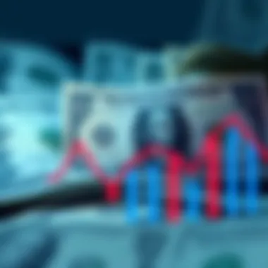 Visual representation of a downward trend in currency value with U.S. dollar bills and a graph showing decline