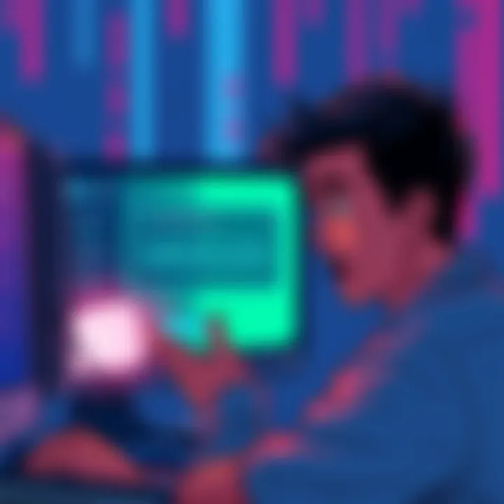 An illustration showing a frustrated person looking at a computer screen with a warning message about sending USDT to the wrong network