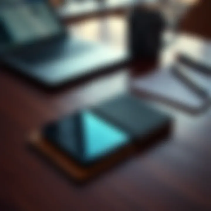 A used Ledger wallet lying on a wooden table with a laptop and a notepad in the background, symbolizing safe purchases of second-hand devices.