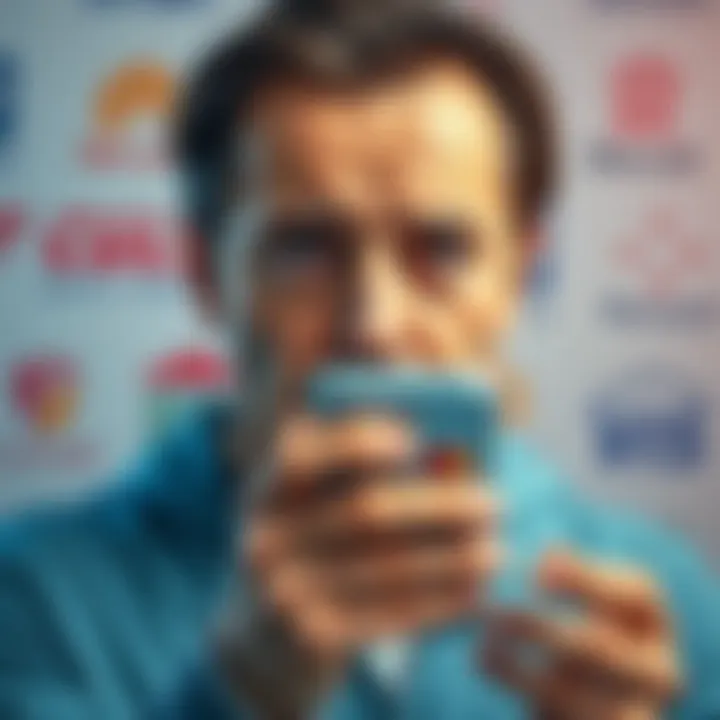 A worried person looking at a smartphone displaying the Revolut app, with traditional bank logos in the background, symbolizing the shift to safer banking options.