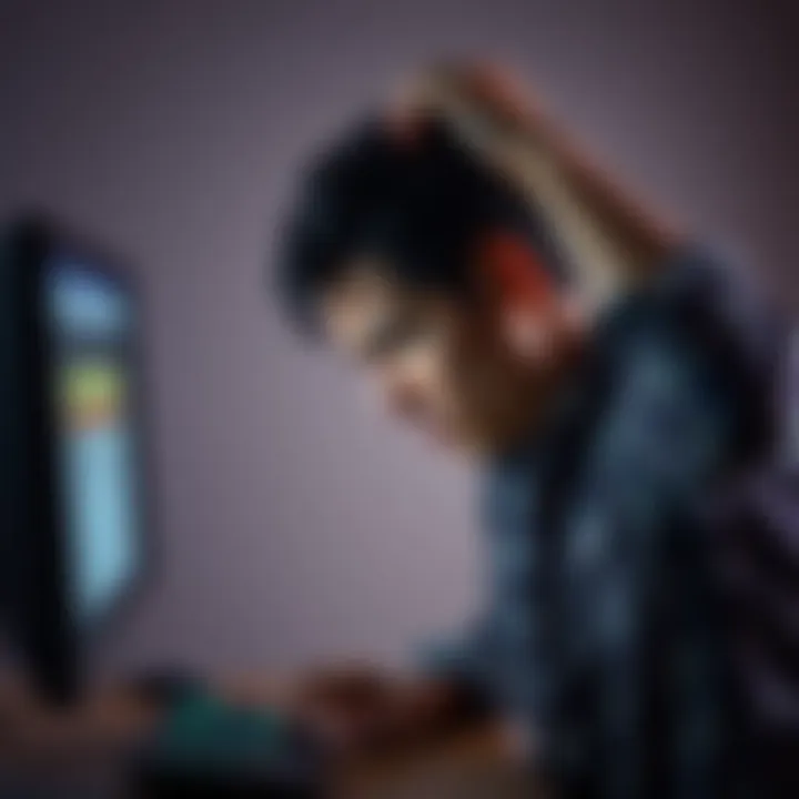 A distressed person looking at their computer with a worried expression, showing a screen with error messages related to a scam. They hold their head in disbelief.