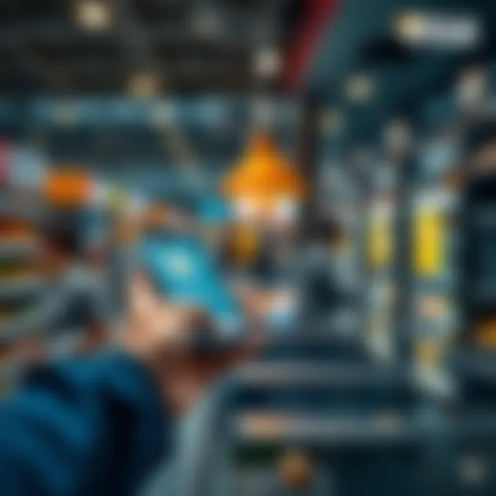 Using Crypto with Visa A person paying at a store counter with a smartphone showing a cryptocurrency app and a Visa card, indicating a seamless transaction.