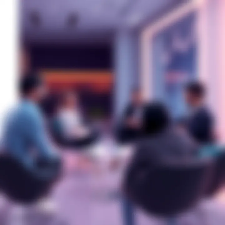 A group of people discussing blockchain technology in a forum setting
