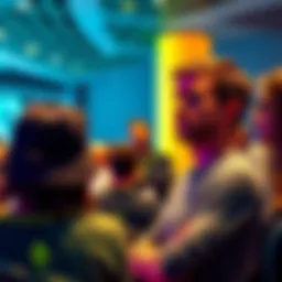 Vitalik Buterin speaking at a conference about Ethereum, surrounded by community members discussing governance issues.