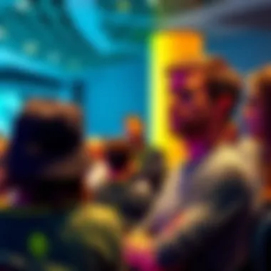 Vitalik Buterin speaking at a conference about Ethereum, surrounded by community members discussing governance issues.