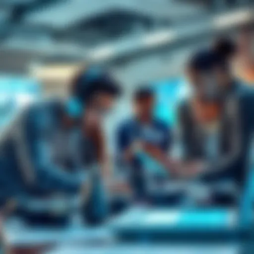 A team of diverse professionals brainstorming with futuristic technology and gadgets, showcasing Vooz's innovative spirit.