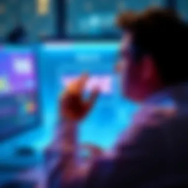 Vooz Strategy A person looking at a computer screen with Vooz Co graphics, brainstorming strategies for success.