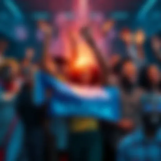 Group of diverse people celebrating the WAGMI movement with Solana branding and blockchain symbols.