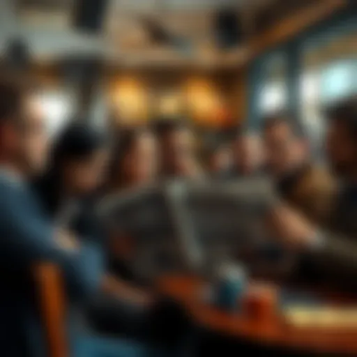 A group of people discussing in a café, some looking angry, others thoughtful, as they read a newspaper with the Wall Street Journal’s headline visible
