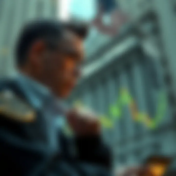 A concerned investor looking at a chart showing XRP price fluctuations, with Wall Street symbols in the background