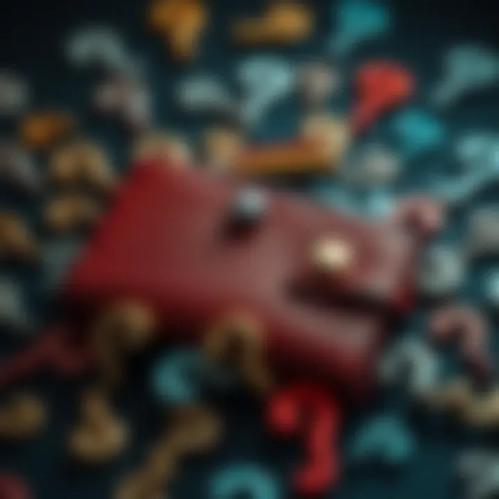 A close-up of a wallet surrounded by question marks, symbolizing uncertainty in digital finance.