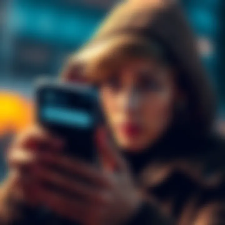 A person looking at a smartphone with a worried expression, receiving a fraudulent text message about bank account security.