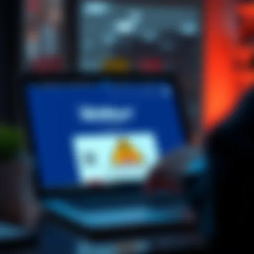 A person checking a website on a laptop with a warning sign about fraud.