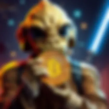 Watto from Star Wars is holding a Bitcoin with a thoughtful expression, surrounded by a space background.