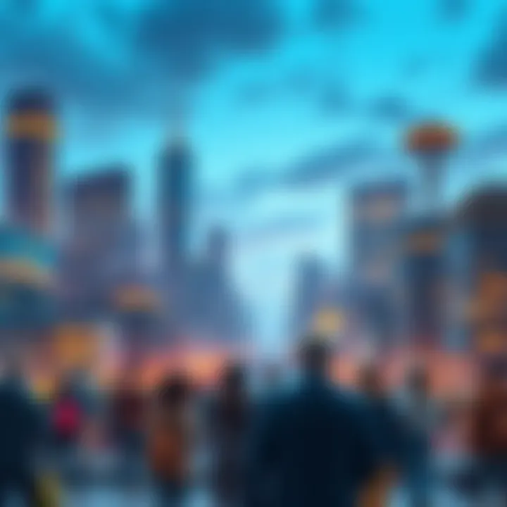 A city skyline with luxury buildings and a diverse group of people interacting, symbolizing the impact of wealth on different communities.