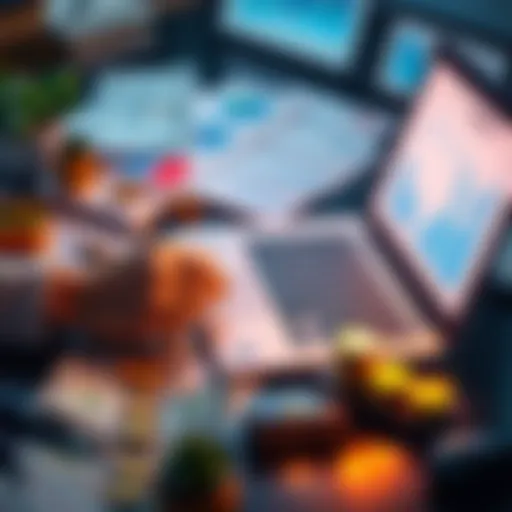 A person calculating finances with a laptop and charts, surrounded by money and investment tools.