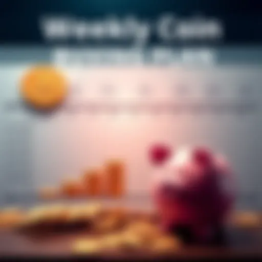 A chart showing weekly purchases leading to a full coin over five years, with motivational symbols like a coin and a piggy bank.