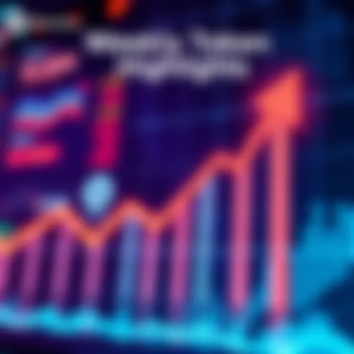 Weekly Token Highlights A graphic showing rising tokens and market trends with an upward arrow and charts.