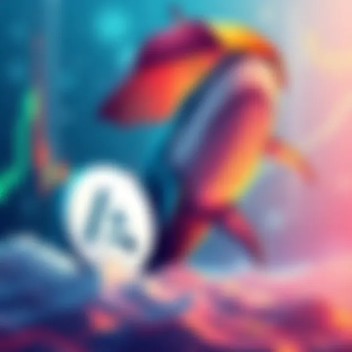 An illustration showing a large whale symbolizing whale accumulation next to the Aave logo, indicating market movement and support levels, with a graphical representation of charts and trends in the background.