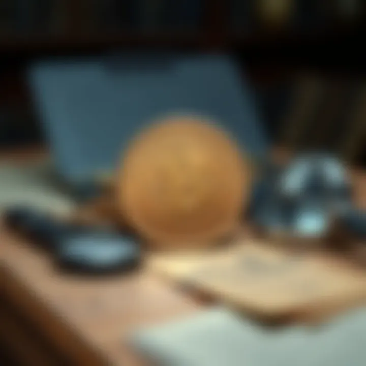 A shiny whole coin resting on a wooden table, surrounded by historical documents and a magnifying glass, showcasing its significance.